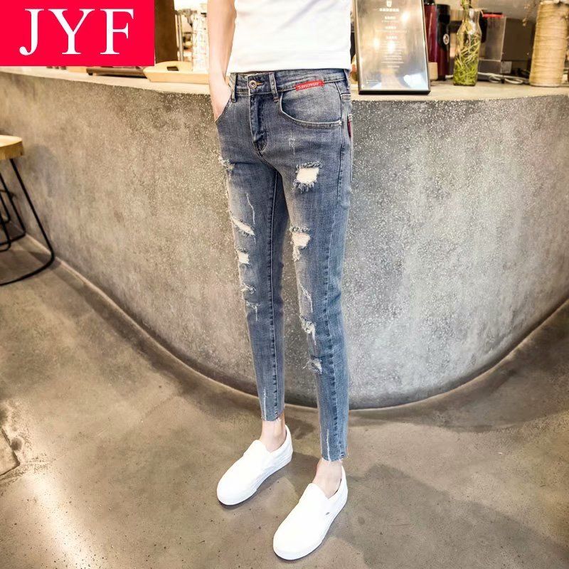 Kwai Tong, red jeans, jeans, men, black holes, nine points, trousers, social cats, little feet, tight pants.