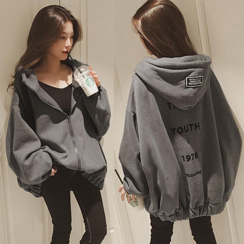 Autumn and winter Korean large size loose 200kg Plush thickened coat women's student hooded warm sweater cardigan [delivery within 12 days]