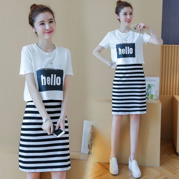 Suit vest skirt women's two piece striped dress new summer bag hip small fresh medium length black and white stripe