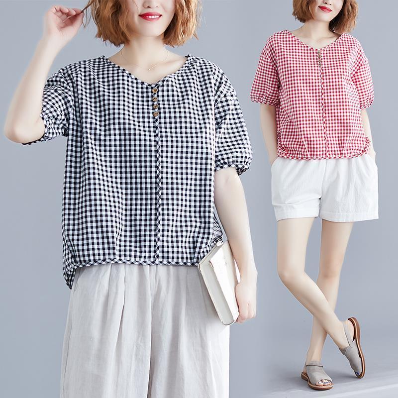 Cotton summer clothing 2020 new versatile temperament large women's wear slim Plaid short sleeve T-shirt loose casual top