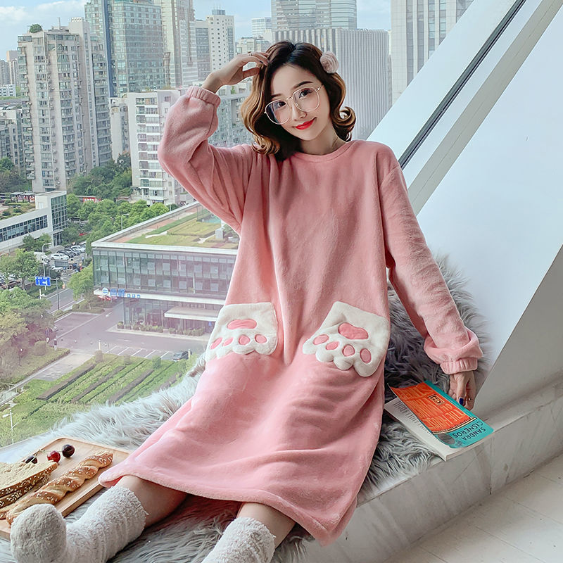 Large size nightdress women winter coral velvet long style thickening and fattening flannel long sleeve autumn pajamas women autumn winter