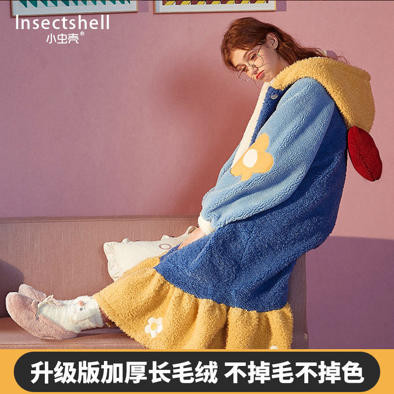 Autumn and winter coral velvet Nightgown lovely girl student thickened warm long flannel winter home dressing gown