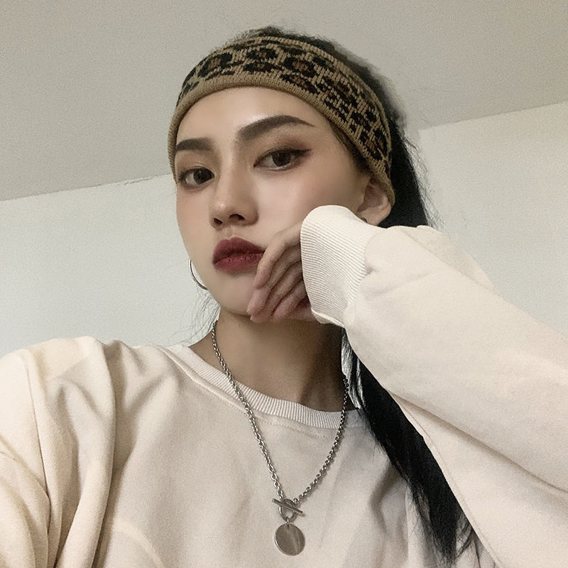Leopard pattern hair band cool girls go out in the street with knitting wool headband wide edge girl hair band headband autumn and winter