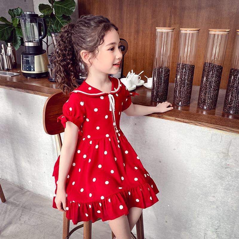 Girl's dress 2021 summer short sleeve children's princess skirt wave point Ruffle middle school Chiffon little red skirt