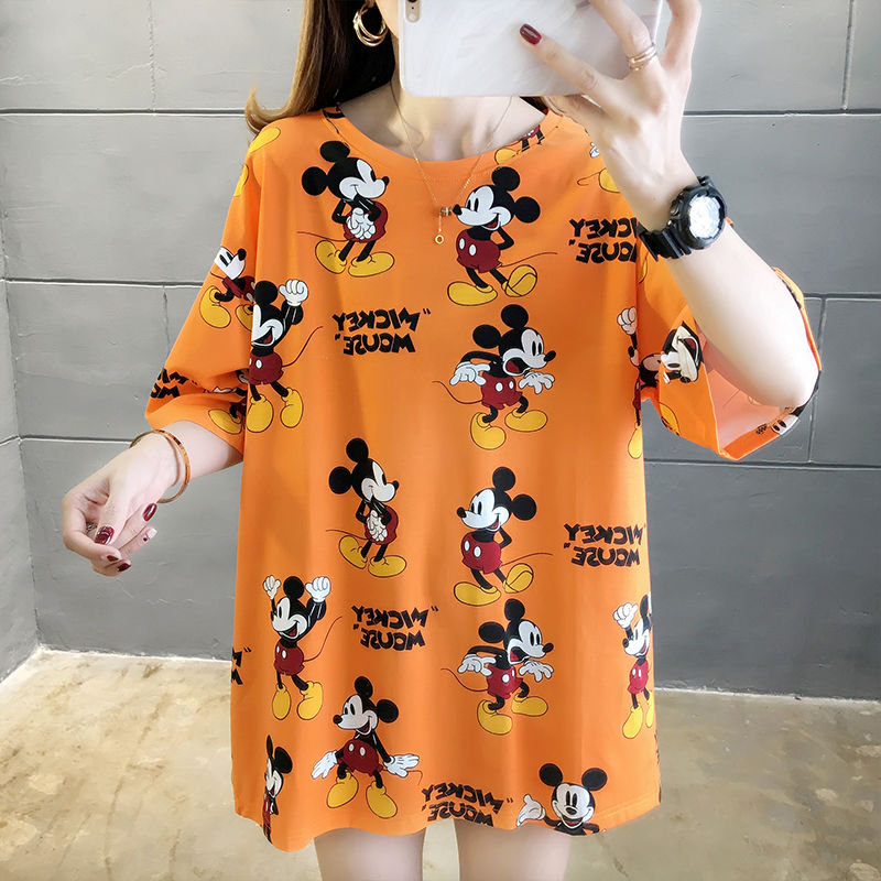 2020 summer new cartoon graffiti Mickey medium and long lovers' loose large short sleeve T-shirt for women 300jin fat mm