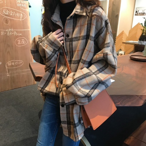 Spring 2020 trend loose retro Hong Kong Style woolen plaid coat frosted shirt women's design sense minority top