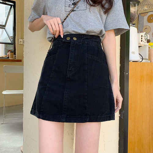 Real photo real price early spring new Korean double button denim high waist skirt short skirt word skirt