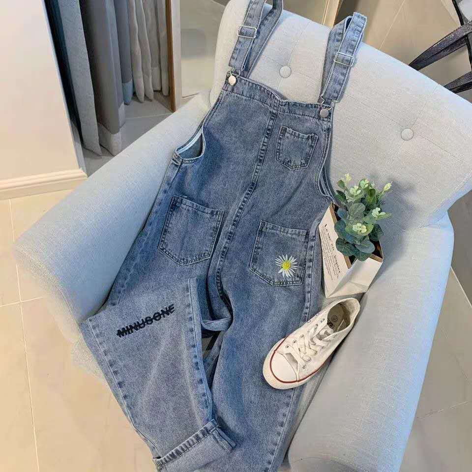 2020 new denim belt pants female students Korean loose slim college casual straight nine point Jumpsuit