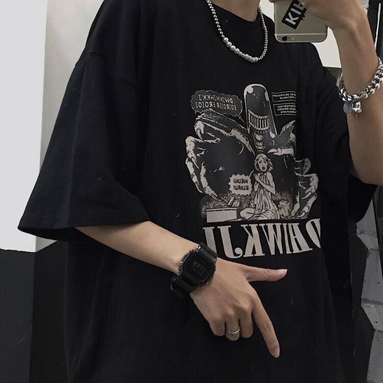 Summer Korean version ins retro dark black graffiti cartoon printing trend students BF loose short sleeve t-shirt men and women fashion