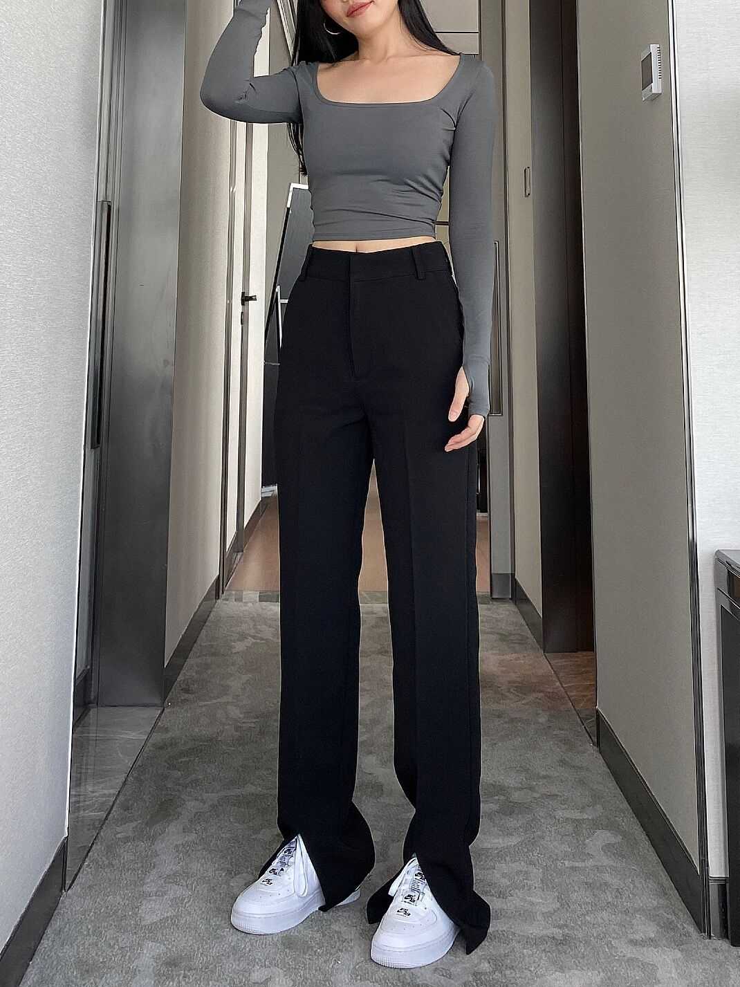 Official photo front split suit pants 2021 spring new high waist straight tube floor down casual pants for women