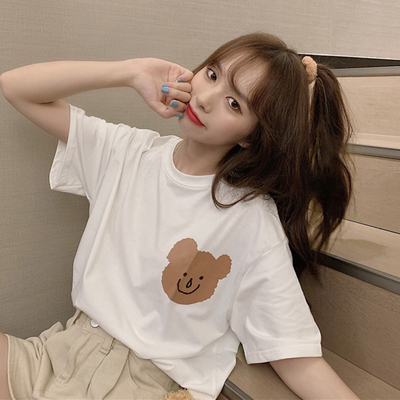 Summer Korean new loose middle long cute bear print student versatile short sleeve T-shirt blouse