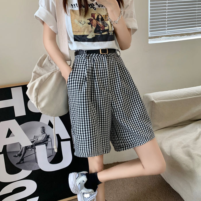 Real price ~ high waist and thin, loose and versatile Plaid wide leg pants, straight casual pants, shorts with belt