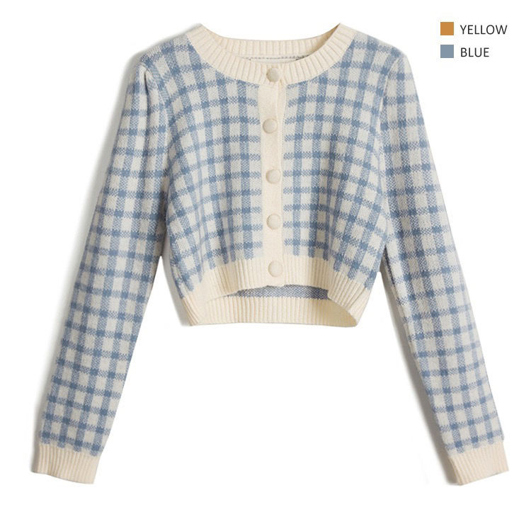 Versatile high waist retro Plaid knitted granny sweater women's short cardigan sweater autumn new