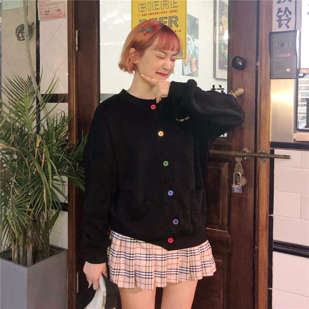 Autumn new rainbow button soft girl thin coat women's Embroidery small letter cardigan loose lovely student coat