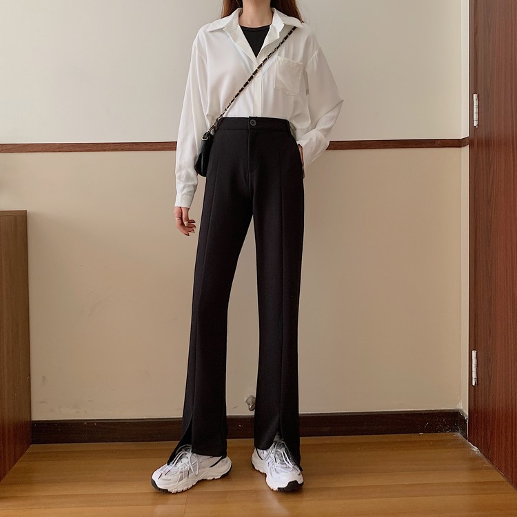 Real price high waist split small micro flared pants women's slim casual pants