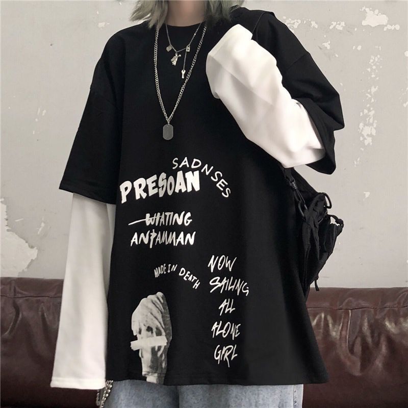 Cool girls wear Korean version of Harajuku Hong Kong style women's fake two-piece top, loose BF long sleeve T-shirt