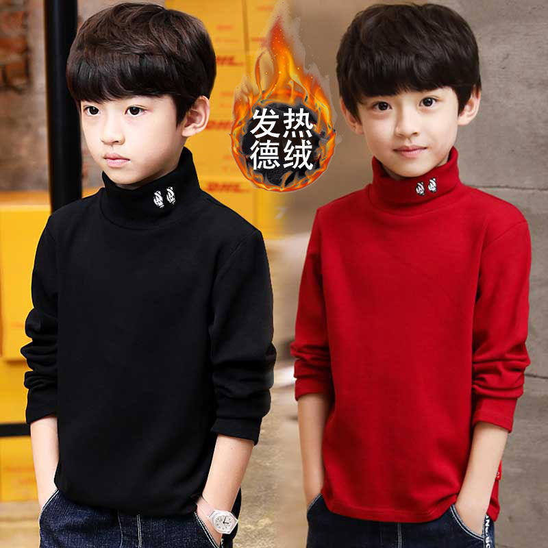 Boys' self heating cashmere half high collar T-shirt children's Plush middle school children's versatile long sleeve T-shirt warm top