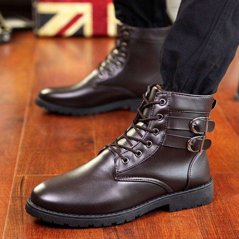 Winter Leather Boots Men's Martin boots Korean plush cotton boots outdoor waterproof army boots British high help work shoes men's shoes