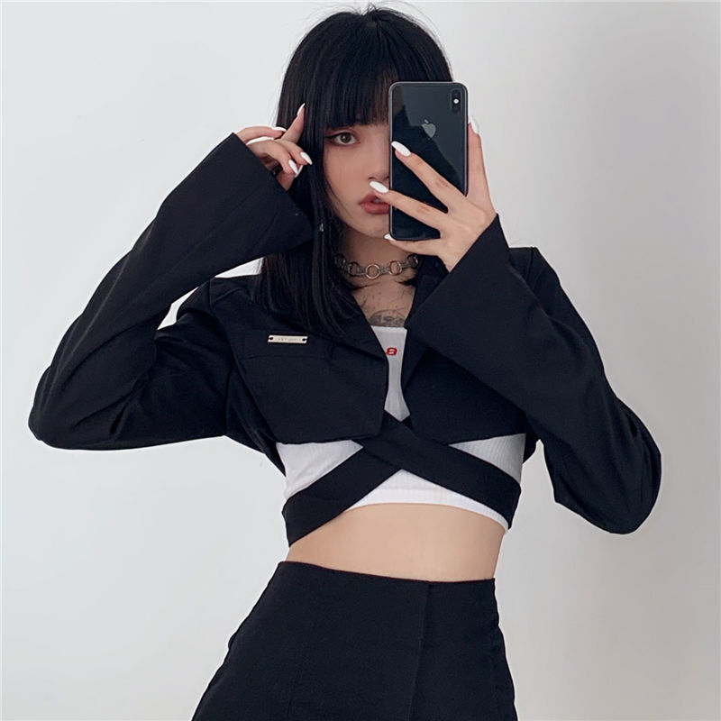 Hong Kong flavor cool girl's dark mourning high waist cross bandage long sleeve Blazer women's versatile short coat spring and autumn suit