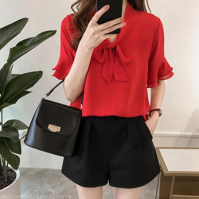Fat sister large lace up bow chiffon shirt women's loose flared sleeve top solid color base shirt fashion