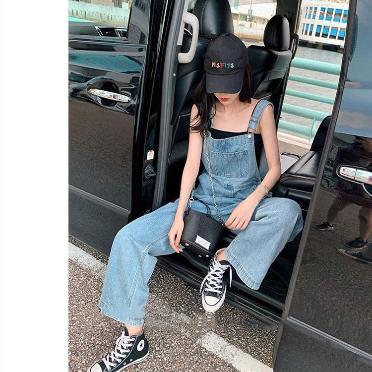 Denim suspenders women's summer 2021 Student Korean version loose straight tube wide foot thin high waist old dad elegant pants
