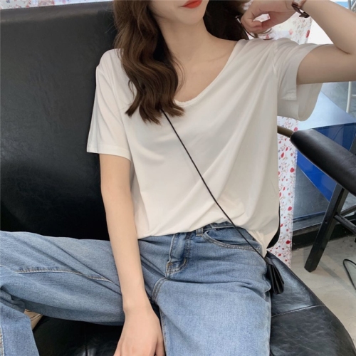 Real price! Spring and summer new 4-color versatile slim two wear U-neck V-neck lazy loose T-shirt