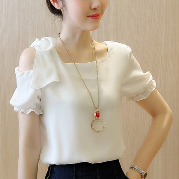 Summer 2020 new women's loose off shoulder waist top women's half sleeve casual V-neck Short Sleeve Chiffon shirt