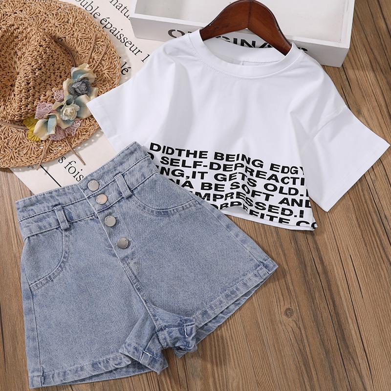 Girls' net red suit summer dress new Korean children's fashion jeans open navel top two piece set