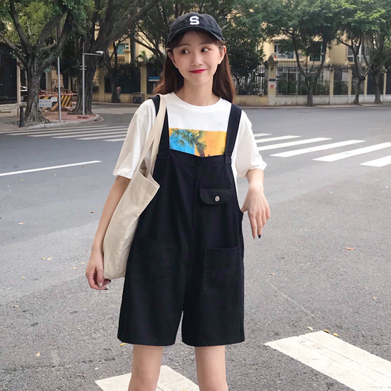 Spring and summer new Korean loose denim strap pants for female students