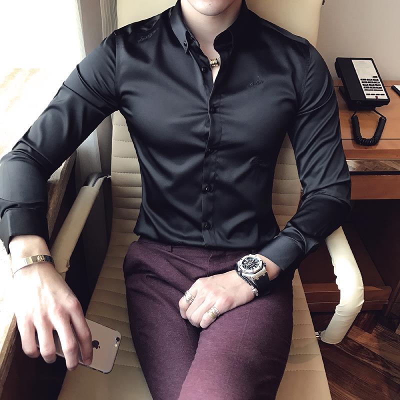 Spring and summer non iron anti wrinkle embroidery Long Sleeve Shirt Men's short sleeve British fashionable and handsome ice silk casual medium sleeve shirt