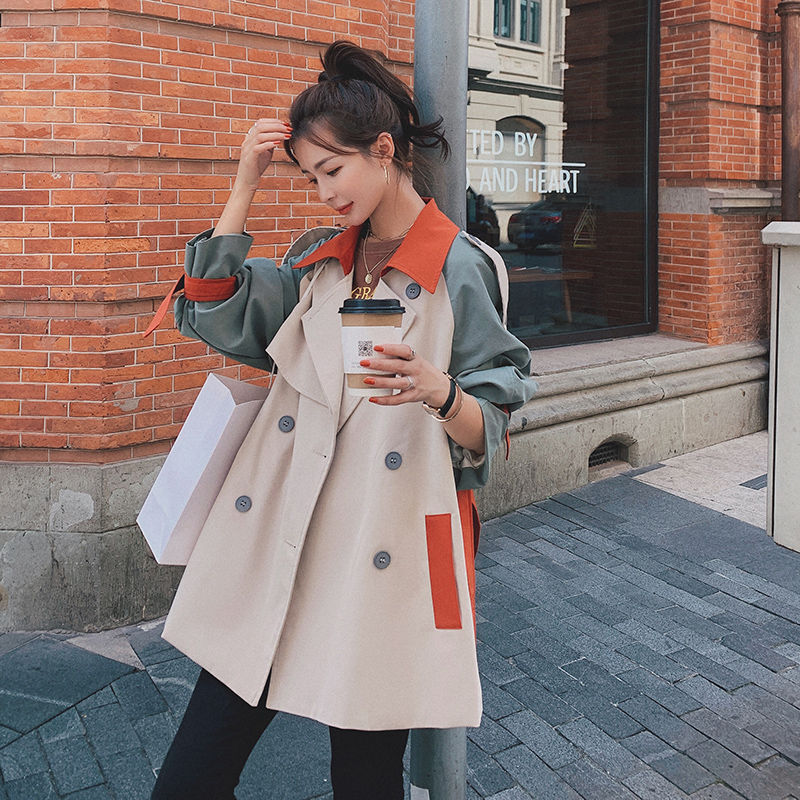 Windbreaker women's long British style fall 2020 new style Patchwork and color contrast Korean version loose chic coat coat