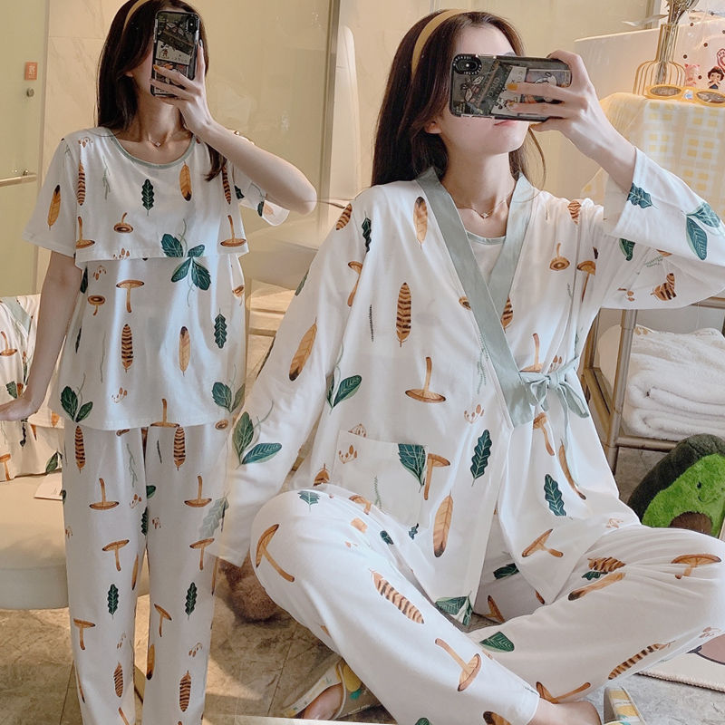 Maternity clothes spring and autumn thin three piece postpartum nursing clothes go out pregnant cotton pajamas autumn and winter feeding
