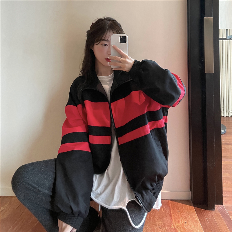 Real shot real price spring Korean color contrast Stripe Jacket with loose zipper cardigan