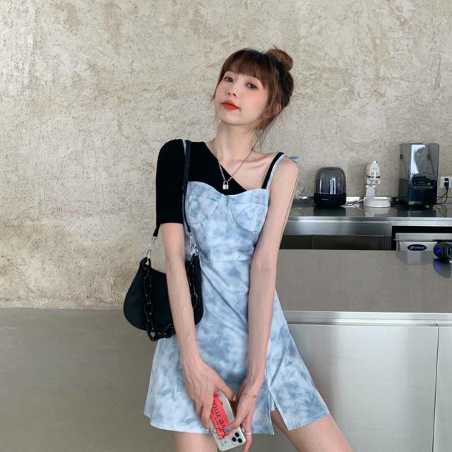 Summer 2021 new Korean tie dye minority temperament suspender dress women's small slim French skirt