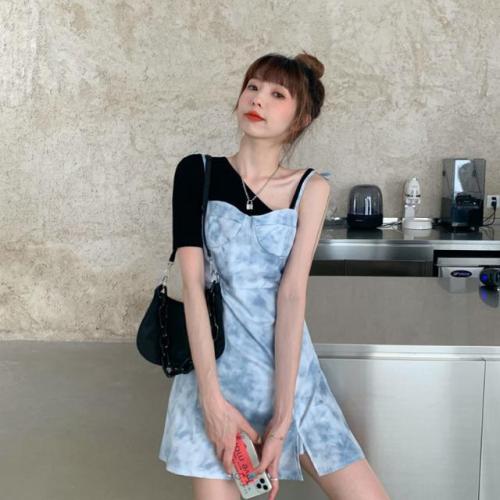 Summer 2021 new Korean tie dye minority temperament suspender dress women's small slim French skirt