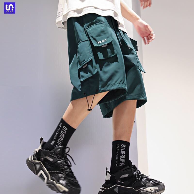 Pants men's summer Multi Pocket functional wind tooling shorts men's black trendy hip hop loose casual drawstring Capris
