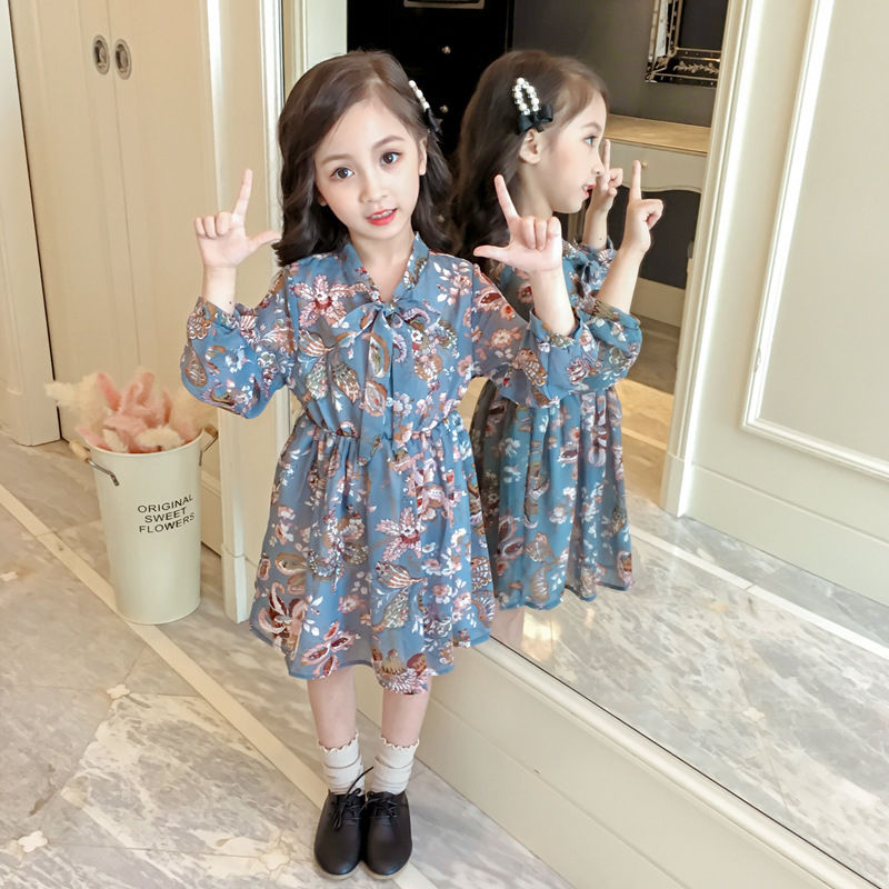 Children's Dress Girls Chiffon floral dress autumn new children's long sleeve princess skirt lady Chiffon waist skirt