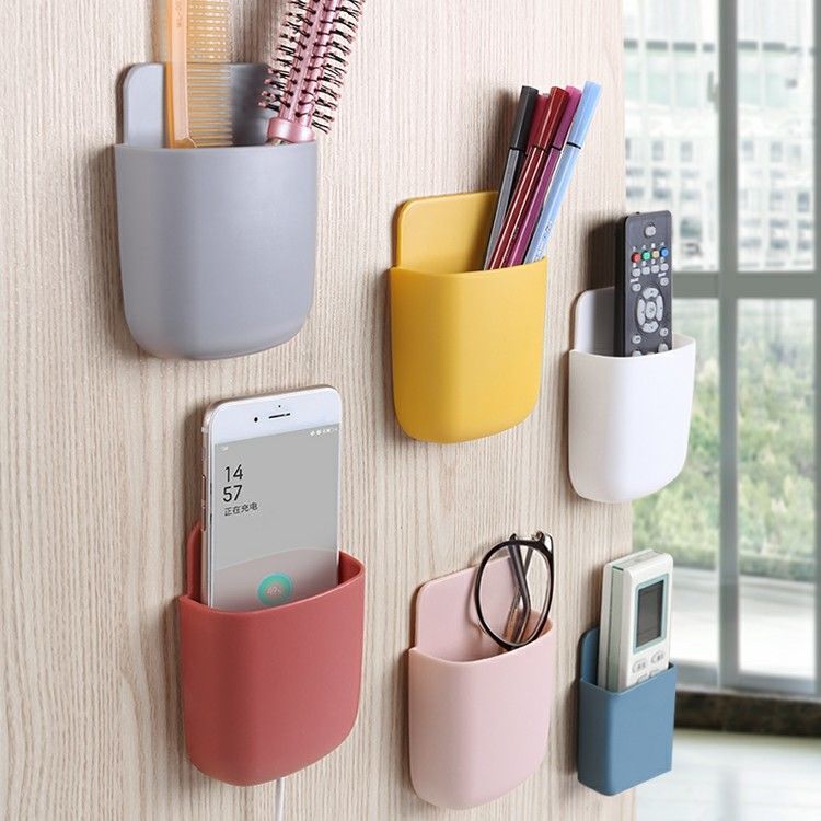 Wall mounted mobile phone remote control storage box without punching no mark wall paste bedside living room kitchen remote control storage box