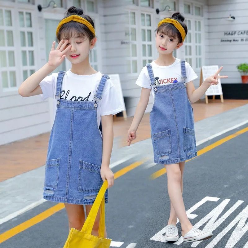 Girls' denim suspender suit summer foreign style new girls' pants T-shirt skirt shorts children's suspender skirt
