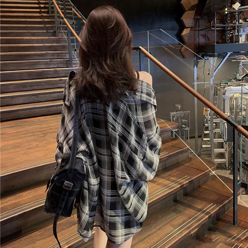 Plaid Shirt female summer thin student loose Korean Chiffon Top Medium Long sunscreen shirt