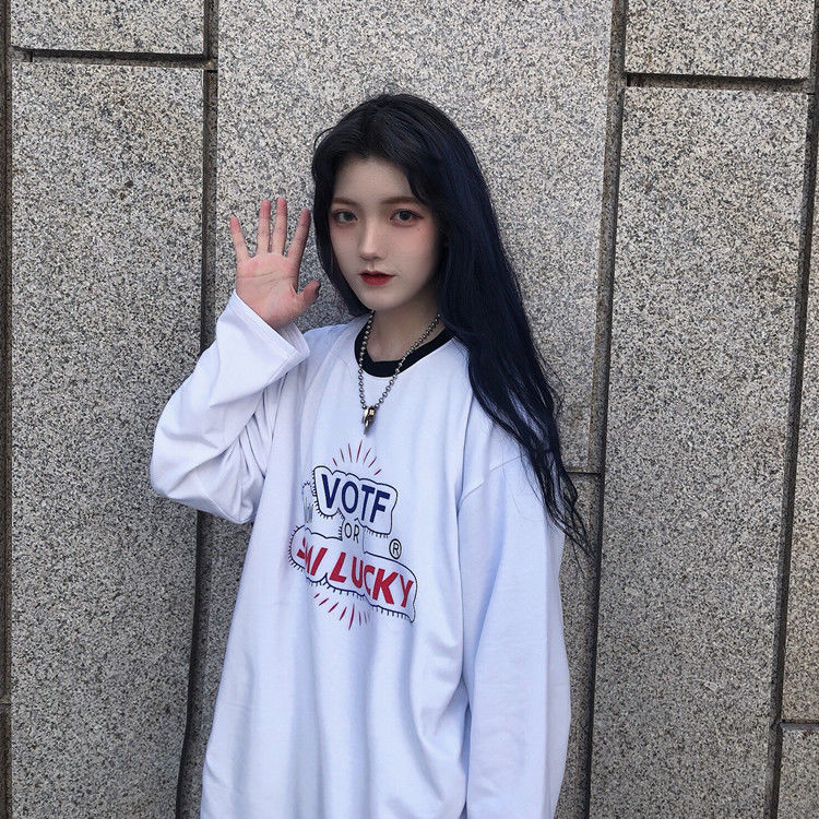 Ins Korean autumn retro versatile original night style loose BF bottomed Long Sleeve T-Shirt Top for female students