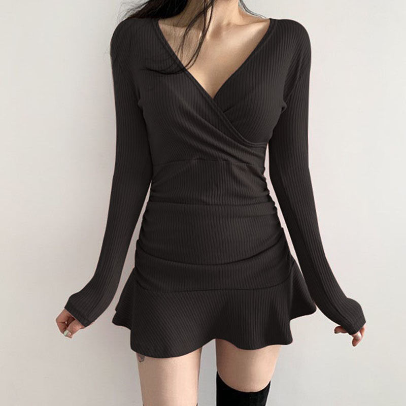 Sexy V-neck cross Ruffle long sleeve dress high waist pleated slim skirt women's fashion