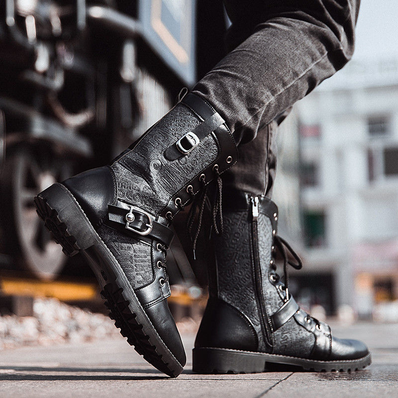 Autumn and winter Martin boots men's Plush trend Korean men's leather boots tooling shoes denim medium high help men's Boots