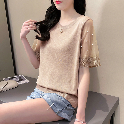 Real shot spring and summer round neck ice silk T-shirt women's super fire T-shirt yarn mesh lace splicing short sleeve T-shirt