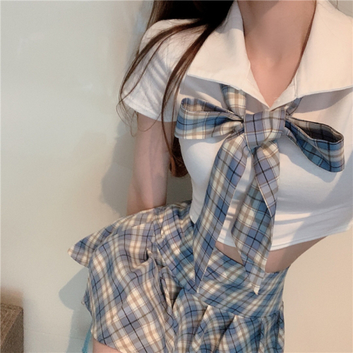 New JK Uniform suit polo collar sexy top with tie + age reducing plaid skirt
