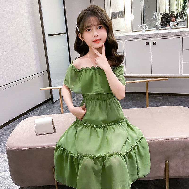Girls' Avocado Green Dress summer 2020 new Korean children's off shoulder over knee long skirt net red beach skirt