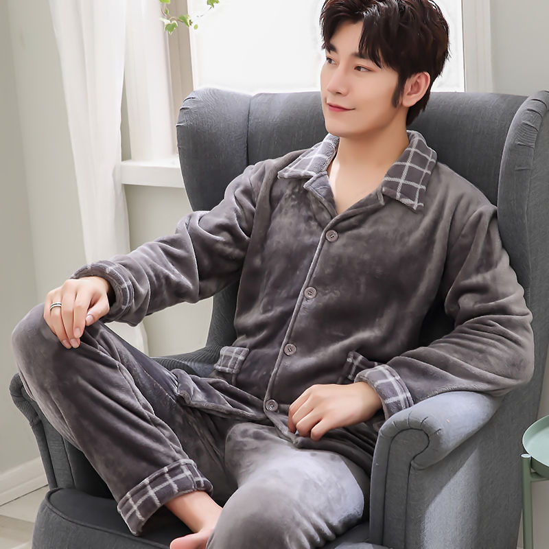 Pajamas men's long sleeve Flannel Suit winter cashmere thickened large coral cashmere cardigan middle aged men's pajamas