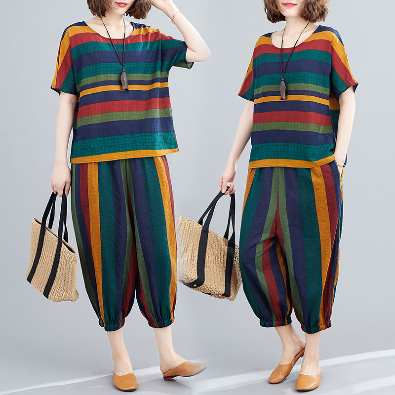 Single / suit women's summer striped fat mm belly covering top shows thin foreign style Capris large women's two piece suit