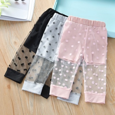 2020 summer new Korean girls' Capris with dot lace stitching two pieces of anti mosquito Pants Cotton