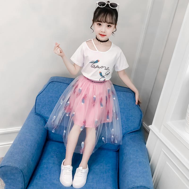 Girl's suit skirt summer short sleeve short skirt middle school children's super foreign gauze skirt little girl princess skirt two piece set